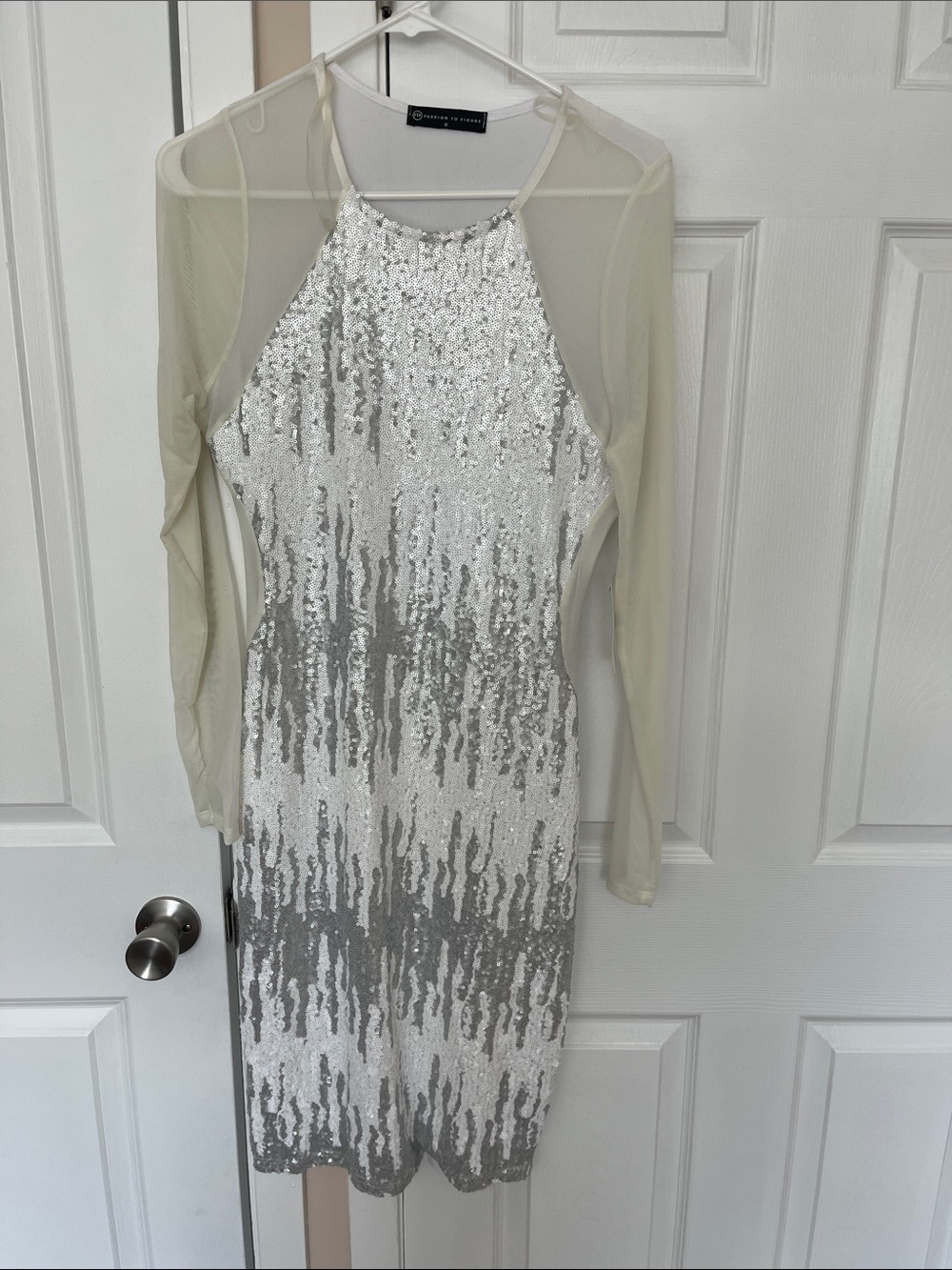 Fashion to Figure Silver Sequin Midi Dress with Sheer Cream Sleeves